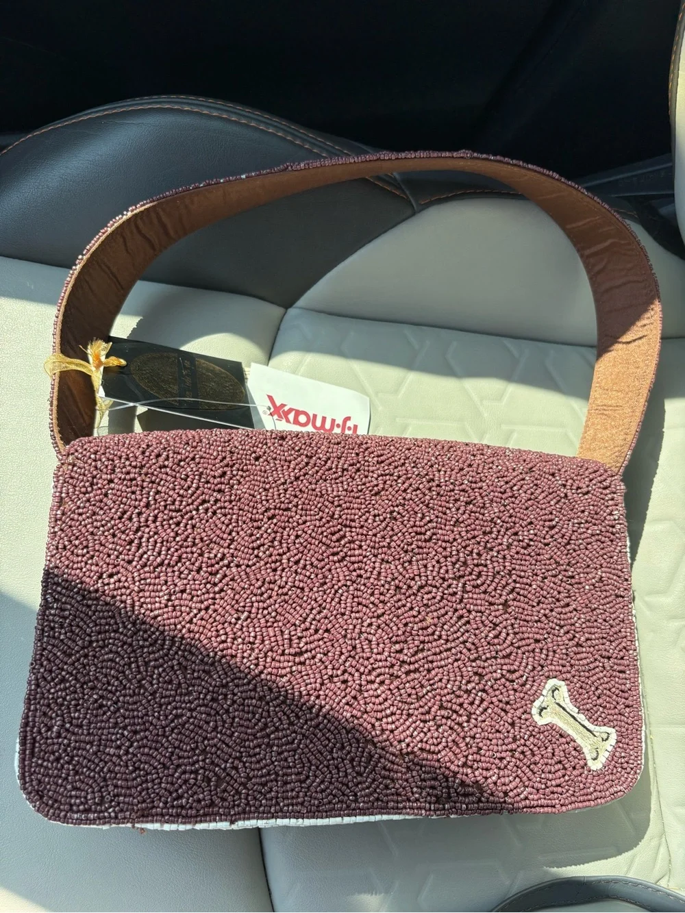 T.J.Maxx Brown Beaded Dog Portrait Shoulder Bag with little movable bones